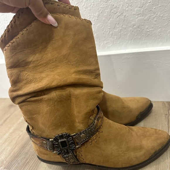 Vintage Zodiac Tan Leather Harness Cowboy Boots Size 7.5 Boho Western - Picture 3 of 5